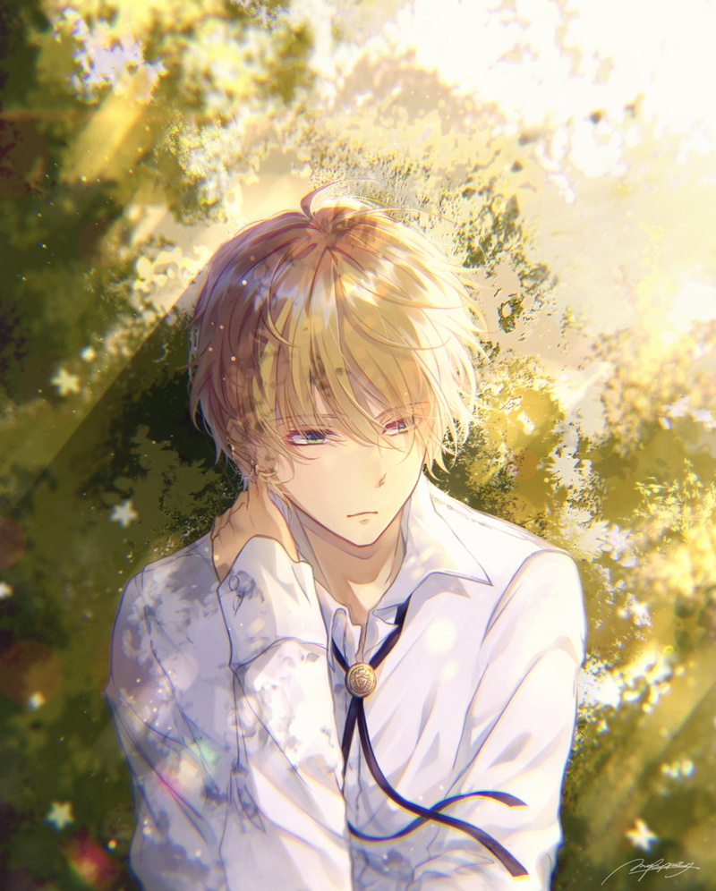 plants, sunlight, green eyes, wind, blonde, light effects, white flowers, 720P, Male, shrubbery, anime