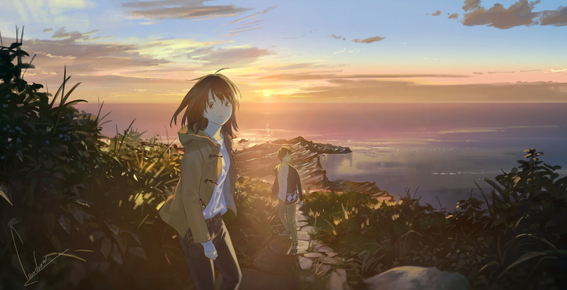 plants, Sun, anime, path, sunlight, sea, bright, shrubbery, 1080P