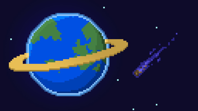 planet, comet, planetary rings, 1080P, stars, pixels, pixelated, digital art, universe, Earth, blue background, pixel art, space
