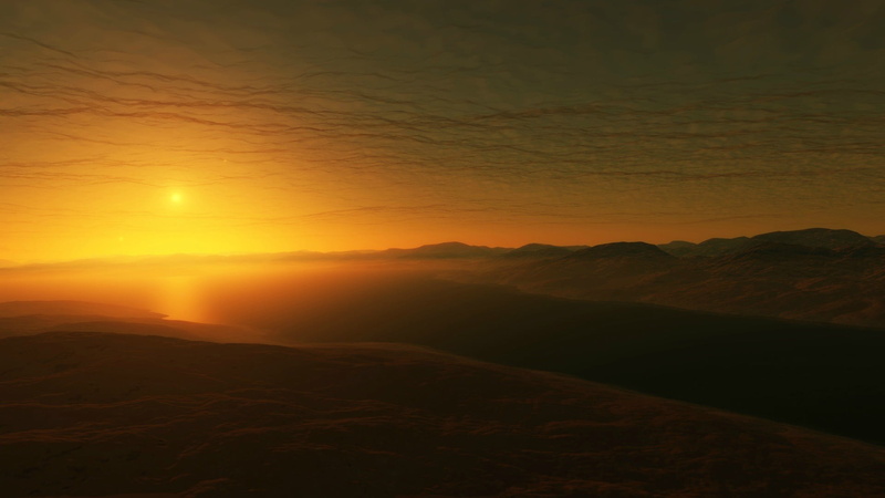 majestic, landscape, 1080P, sunset, scenics - nature, no people, Space Engine, digital art, tranquility, Sun, hills, deserted, orange color, idyllic, field