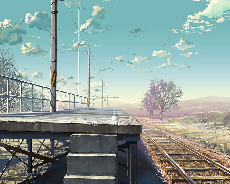 shinkai, landscapes, art, trains, nature, vehicles, fictional, Clouds, illustrations, makoto, x, 720P, sky, hd, platform, railroads