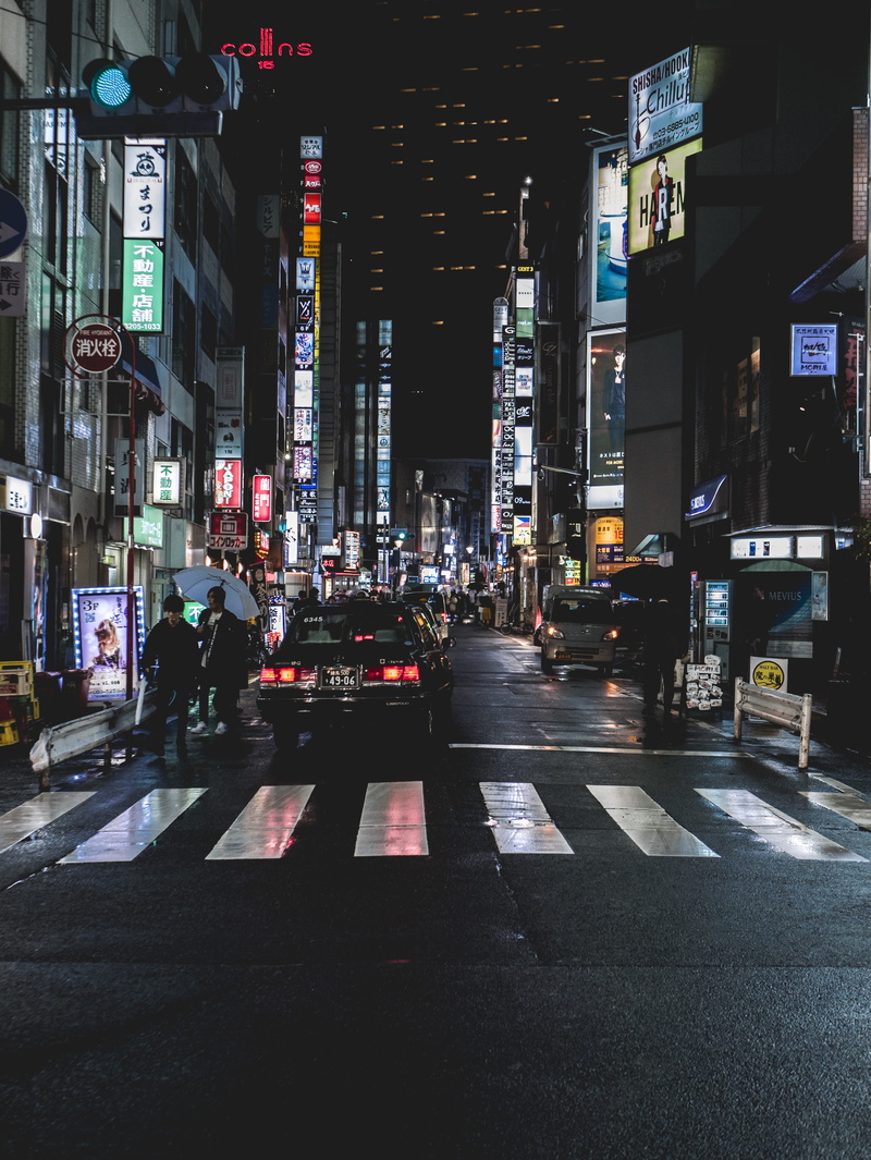 outdoors, road, nighttime, city, city life, sign, metropolis, tarmac, car, building, motor vehicle, asphalt, incidental people, japan, night, 4K, road marking