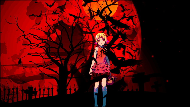 lifestyles, silhouette, dancing, Anime, young adult, Kiss-shot Acerola-orion Heart-under-blade, night, red, 1080P, Shinobu Oshino, three quarter length
