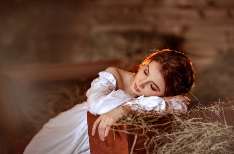 closed eyes, bare shoulders, straw, depth of field, white dress, 2K, redhead, dress, women, model
