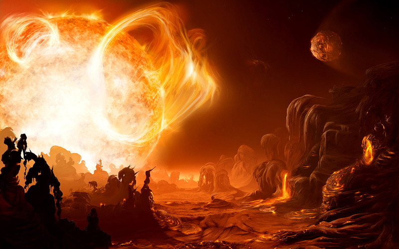 planets, lava, color, hot, alien, art, bright, digital, landscapes, solar, fire, science, 2K, sci, fiction, space, artistic, painting, sun, flames, landscape