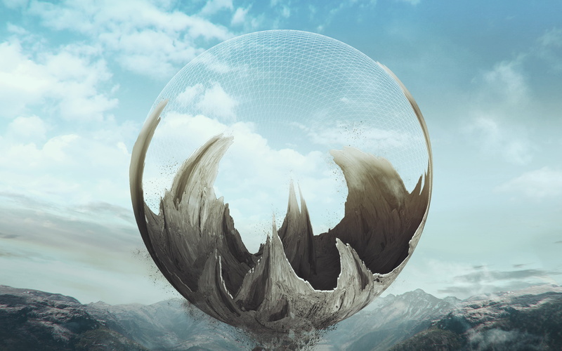 earthworks, rock, non-urban scene, art, beauty in nature, paint, day, digital composite, sphere, mountain, reflection, outdoors, rock - object, illust
