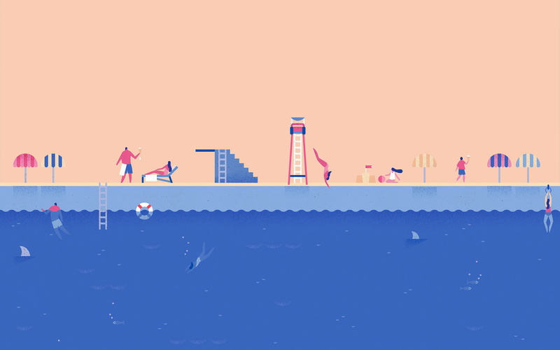 waterfront, art, google, lollipop, nature, architecture, mode of transportation, swim, sky, water, 4K, group of people, illust, real people, outdoors