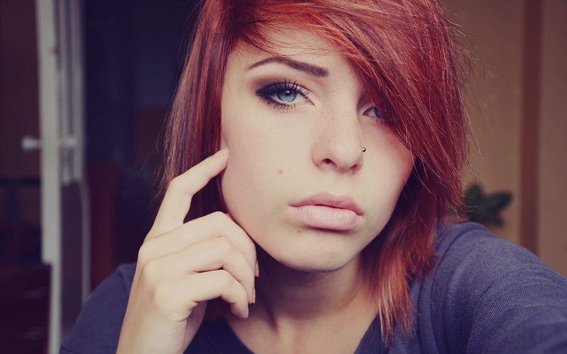 2K, looking at viewer, women, face, piercing, blue eyes, Lana Branishti, redhead, model, nose rings