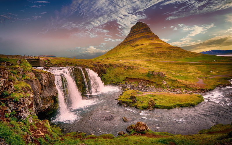 Kirkjufell, landscape, mountain, Iceland, solid, stream - flowing water, flowing, flowing water, sky, environment, waterfall, travel destinations, Hill