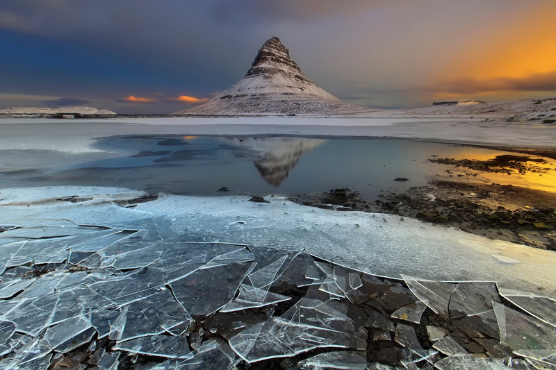 snow, sunset, scenics - nature, idyllic, nature, mountain, sky, frozen water, cloud - sky, snowcapped mountain, outdoors, clouds, Iceland, frozen, no people