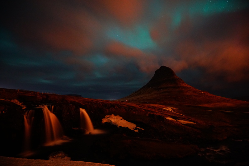mood, aurora, tranquil scene, nature, dramatic sky, waterfalls, night, cloud - sky, idyllic, landscape, magic, scenics - nature, rock, mountain peak, 8K