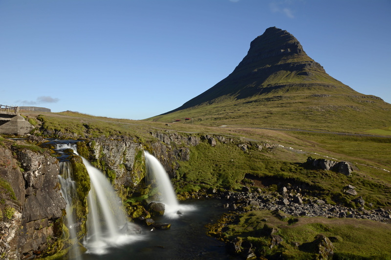 rock formation, sky, rock - object, environment, flowing, cuneiform, clear sky, water, flowing water, timelapse, landscape, iceland, mountain, waterfall