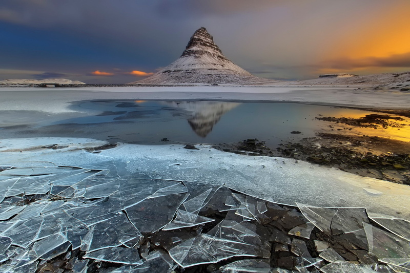 1080P, nature landscape mountain iceland snow winter ice water sunset clouds reflection kirkjufell