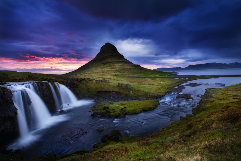 water, landscape, nature, no people, long exposure, waterfalls, mountain, scenery, scenics - nature, sky, grass, the volcano, stream - flowing water, plant