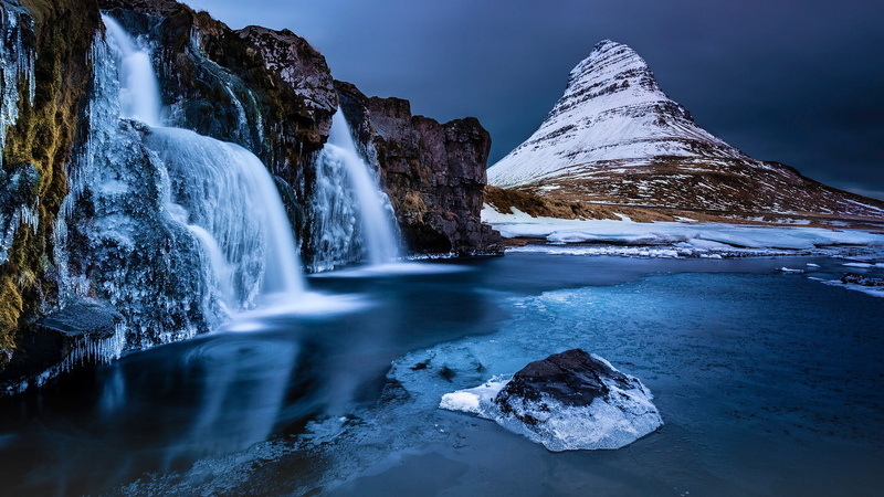 long exposure, nature, landscape, 1080P, ice, winter, snow, Kirkjufell Mountain, photography, snowy peaks, lake, Kirkjufell, Iceland, waterfall