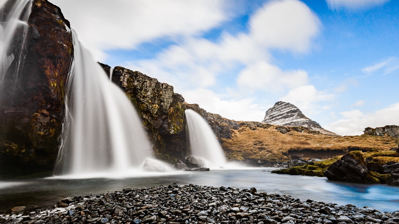 Kirkjufell, landscape, long exposure, nordic landscapes, 5K, waterfall, nature, mountain top, Iceland
