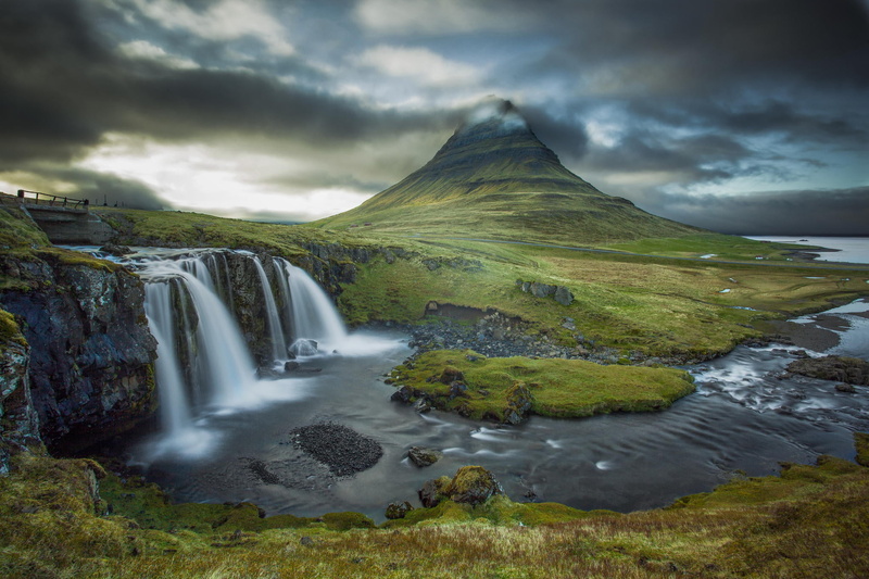 water, nature, land, Kirkjufell, flowing, tranquility, landscape, tranquil scene, flowing water, grass, clouds, non-urban scene, waterfall, outdoors, 1080P