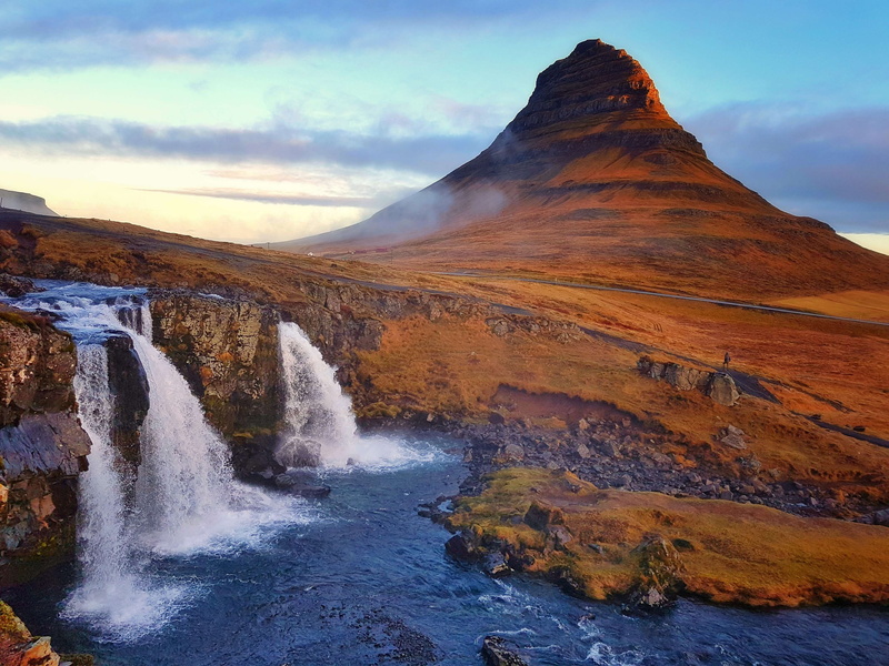 landscape, rock, tranquil scene, iceland, flowing water, scenics - nature, cloud - sky, waterfall, sky, non-urban scene, mountain, environment, church mountain