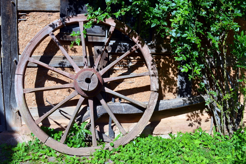 plant, no people, brown, wooden wheels, old, wheel, transportation, old wheels, field, land, wood - material, grass, wagon wheel, means of transport, sunlight