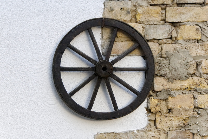 4K, wall, stone wall, contrast, wall clock, wheel, pattern, architecture, circle, wheels, wagon, window, shape, built structure, brick wall, wooden wheel