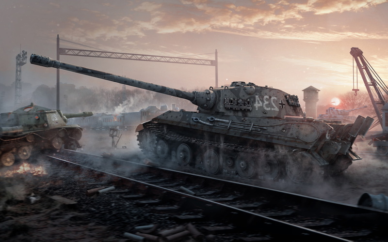 digital art, transportation, World Of Tanks, sunset, architecture, metal, track, artwork, video games, train, nature, Railway, cloud - sky, railroad track