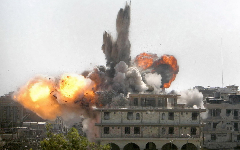 city, aggression, damaged, danger, military, destruction, environmental Damage, inferno, steam, extinguishing, arson, pollution, residential district, factory