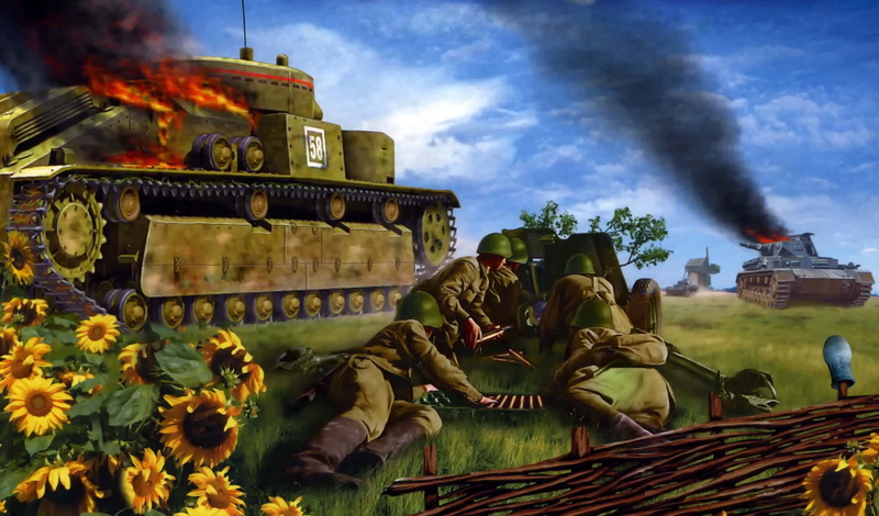 T-28 Soviet medium tank, 1080P, 1942. Battle for Kiev, is fighting, right padded German tank Pz.Kpfw.IV Ausf.A