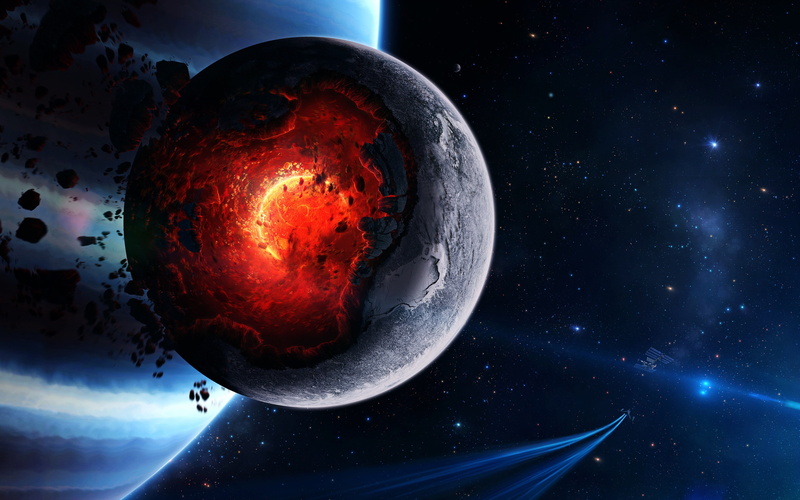 fragments, planet, art, space, cataclysm backgrounds, 4K, asteroids, explosion, comets