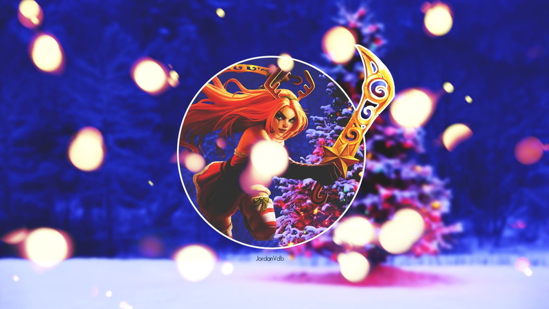 character, no people, holding, glowing, christmas lights, illustration, blue, focus on foreground, celebration, sword, purple, katarina (league of legends)