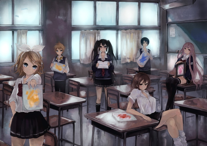 school, 720P, megurine, vocaloid, rin, headphones, miku, luka, people, uniforms, art, glasses, kagamine, hatsune, hd, kaito