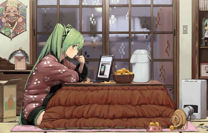 cats, room, tables, hair, hd, 1080P, art, food, headphones, headphone, miku, indoors, animals, vocaloid, long, Computers, hatsune