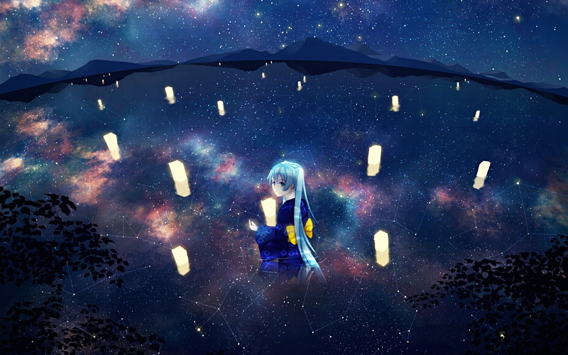 long, hatsune, eyes, water, space, vocaloid, twintails, scenic, night, hd, Landscapes, aqua, kimono, miku, 1080P, hair, stars, art