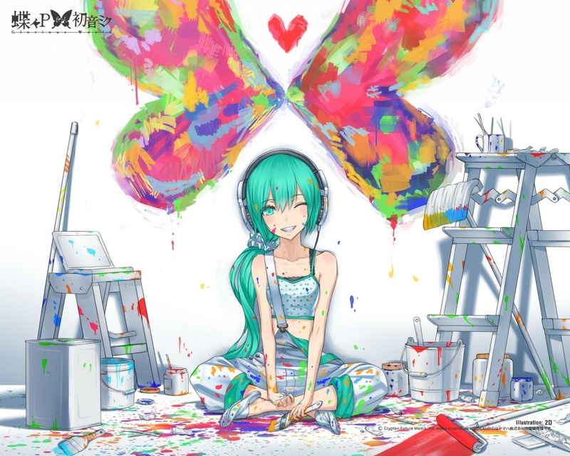 hd, butterfly, green, long, 720P, paintings, vocaloid, art, animals, hair, headphones, girl, butterflies, paint, colorful, hatsune, miku