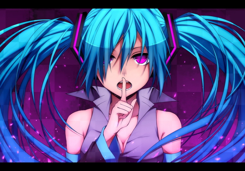 nature, close-up, eye, checkered, twintails, vocaloid, purple, open, hd, miku, long, closeup, art, cleavage, sparkles, hair, close, mouth, hatsune, 720P