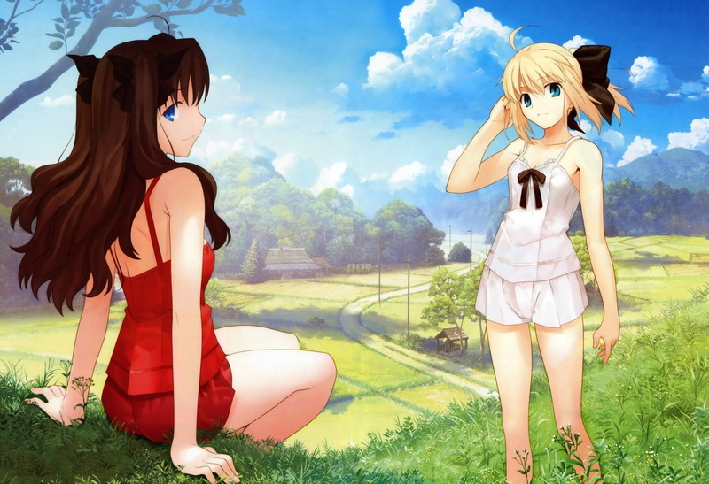 series, art, x, wa, 720P, countryside, tohsaka, rin, Fate/stay Night, saber, fatestay, anime, hd, night, blondes, stay, fate, girls, dress