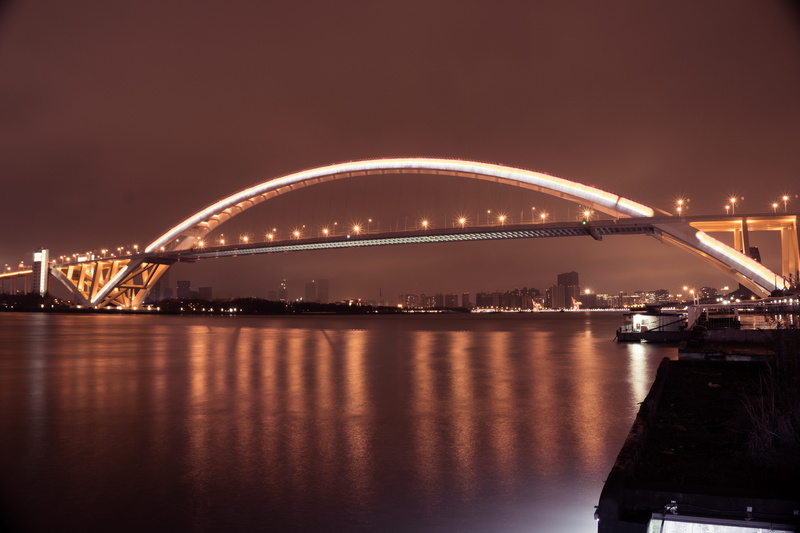 harbor, sky, arch bridge, illuminated, no people, cityscape, water, red, transportation, reflection, building exterior, connection, light, lupu, bridge