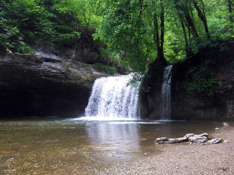beauty in nature, trees, flowing water, river, flowing, still, land, waterfall, water basin, hérisson, landscape, summer, outdoors, forest, scenics - nature