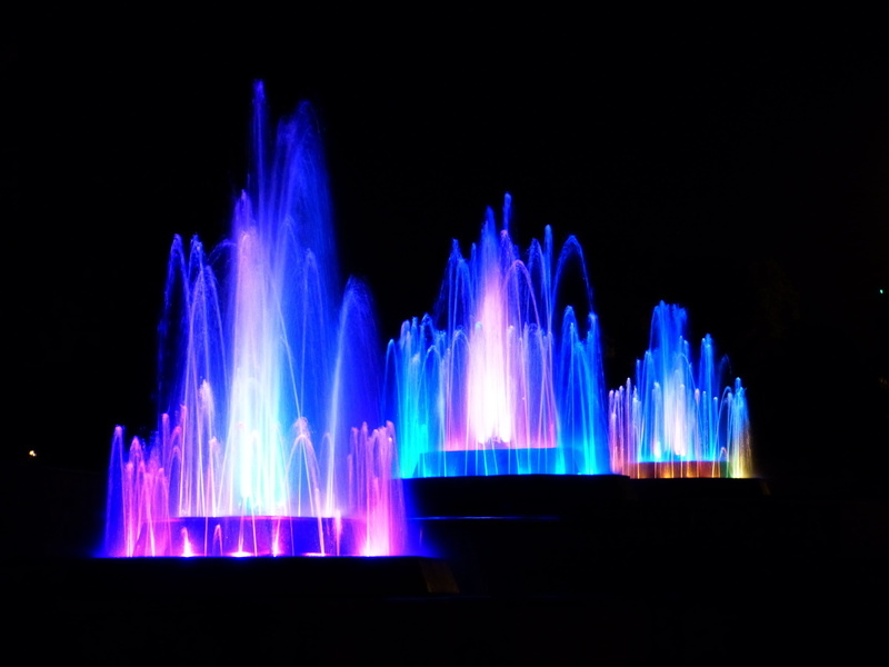 indoors, lights, colorful, fountain, inject, wet, glowing, lighting equipment, nature, water, motion, black background, blue, night, arts culture and entertainment