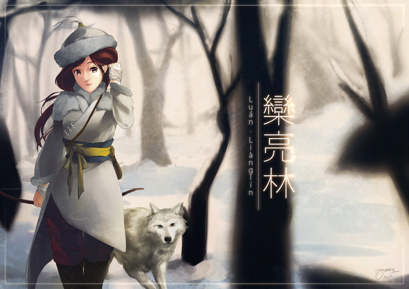 anime girls, lifestyles, warm clothing, long hair, looking at camera, dog, canine, day, domestic, pet owner, one person, one animal, brunette, wolf, real people