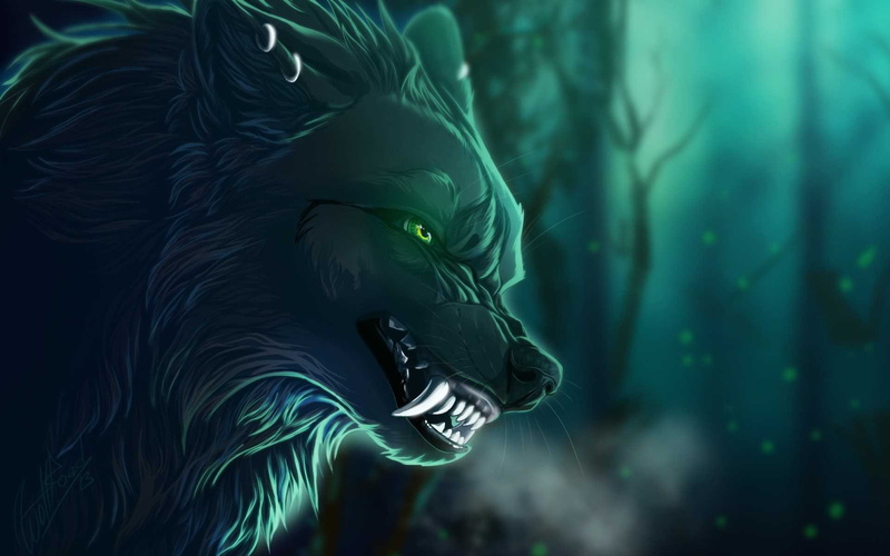 artwork, 1080P, green eyes, wolf, teeth, fantasy art, creature