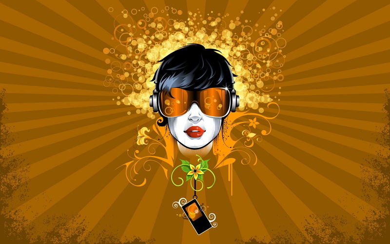 device, girl, drawing, orange, cartoon, floral, black, music, portrait, brown, shades, smartphone, gold, lips, 1080P, head, smile