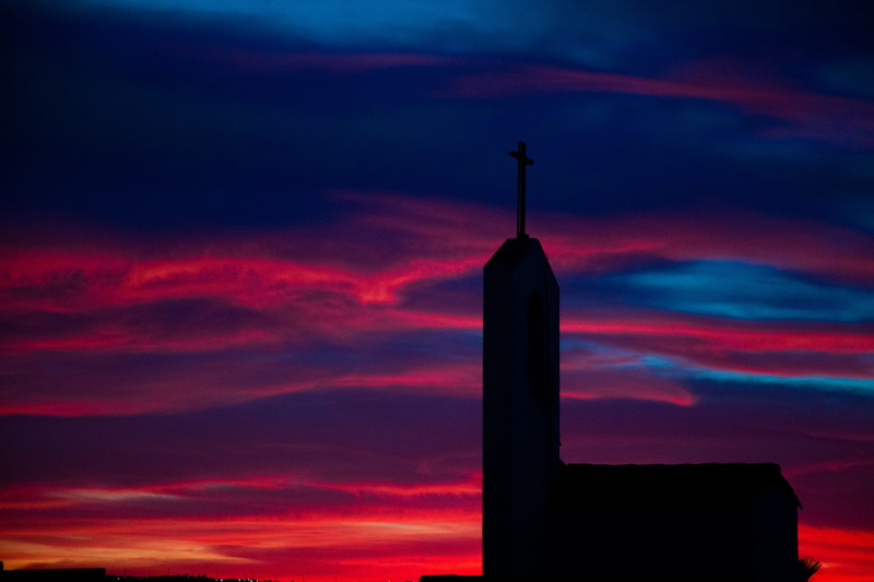 orange color, building exterior, mexico, silhouette, built structure, building, red, religion, spirituality, dusk, cross, architecture, sunset, no people