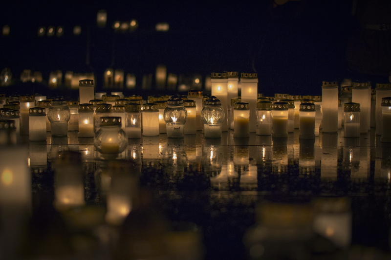 reflection, large group of objects, night, architecture, illuminated, lights, gray, travel destinations, building exterior, city, candle, street, dark