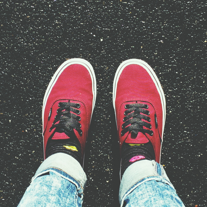 indoors, skating, summer, standing, body part, 1080P, red vans, low section, one person, human foot, casual clothing, real people, sneakers, creps, vans