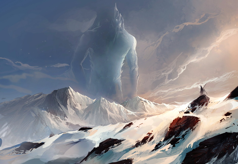 art, nature, being, mountains, cold temperature, ice, giant, landscape, snowcapped mountain, mountain range, tranquility, sakimichan, extreme weather, mountain peak