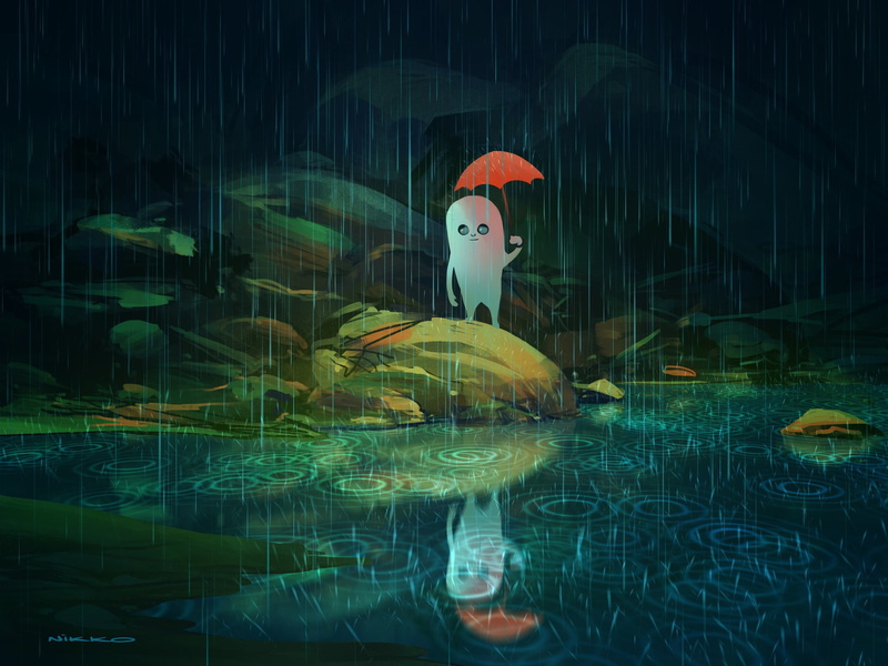 something, in the dark, art, red umbrella, the shower, Nikko, circles on the water, alien, being, spirit, 1080P, the reflection in the water