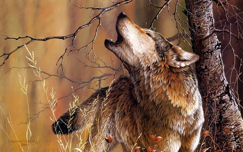 Trees, nature, Howl, wolves, wolf, 1080P, forests, animals, paintings, artistic