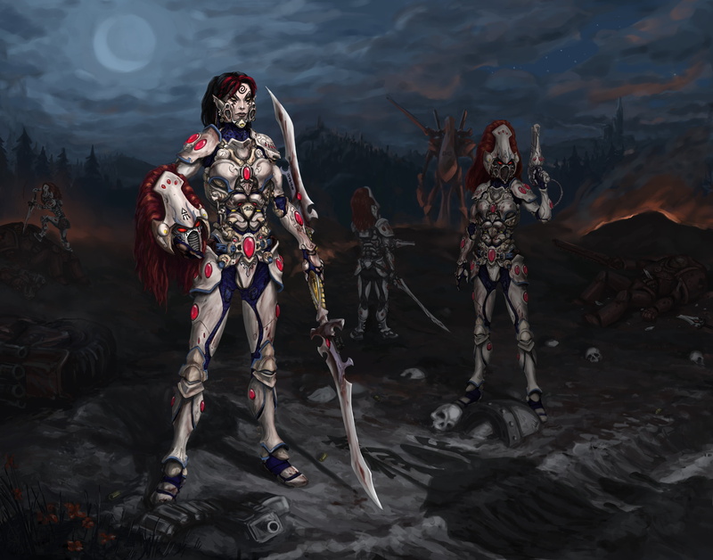 shadows, moon, video, lifestyles, armor, reflection, weapon, real people, armed Forces, clothing, Eldar, lake, howling banshee, costume, rear view, imagination