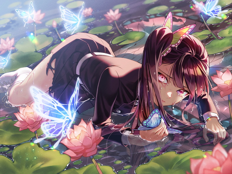 torn clothes, Japanese clothes, tears, ponytail, water, purple eyes, butterfly, uniform, 1080P, Kimetsu no Yaiba, purple hair, wet