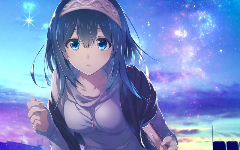 one person, lifestyles, hairstyle, fashion, blue, looking at camera, stars, real people, the idolmaster, childhood, nature, child, sagisawa fumika, sky